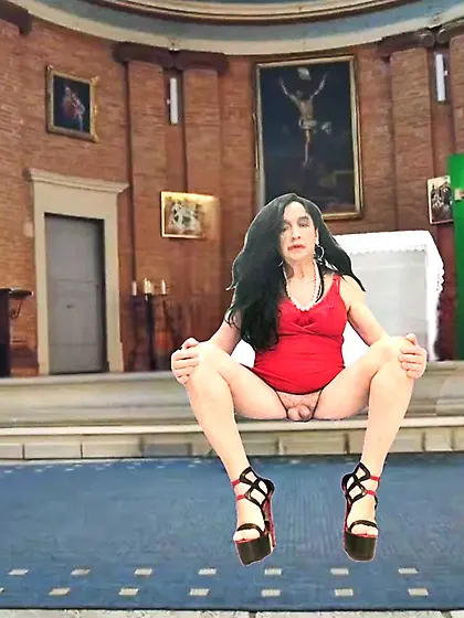 Blasphemy church.  Trans girl shows cock high