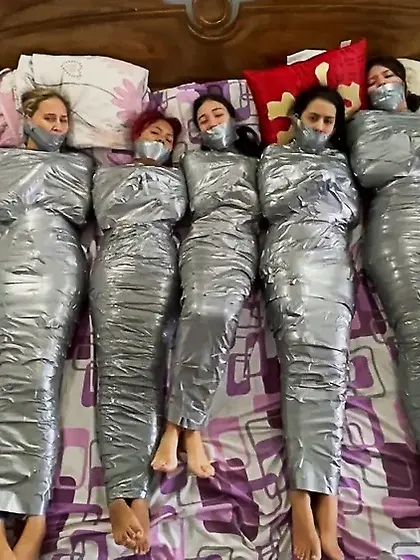 5 Mummified Girls Barefoot In Duct Tape Bondage