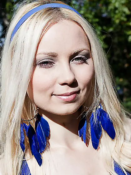 Blonde young lovely in blue headband treats pussy with fingers o