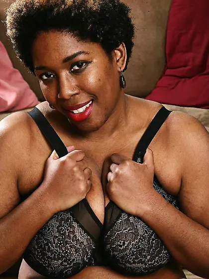 Ebony woman with fuzzy short hair has huge succulent jugs and hi