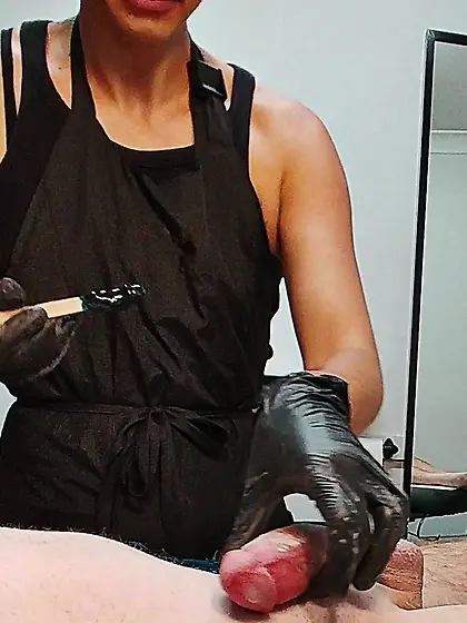 Waxing erection - CFNM.  Happy waxer! 1