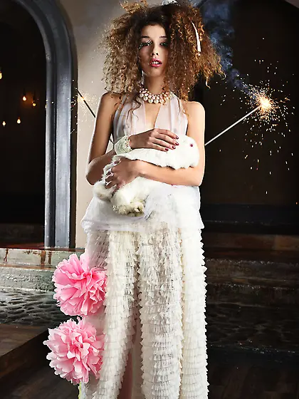 Frizzy hair hottie takes off her bride-like get-up on a leather