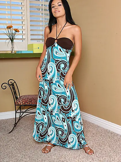 Raven haired Ruby Knox takes off her long dress and panties then