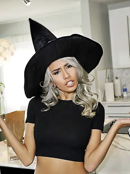 Slutty witch handles massive pecker after she undresses in the k