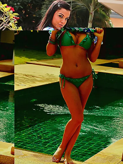 The busty brunette in hot bikini Sasha Kiss performs the horny o