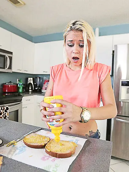 Blonde chick swallows mans