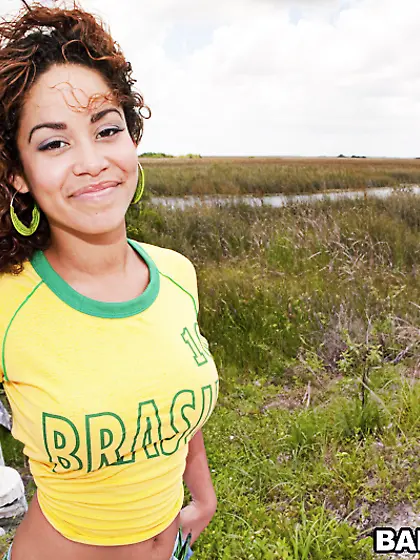 Mercedes Cash is outdoors where she is stripping and showing off