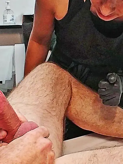 Waxing erection - CFNM.  Happy waxer! 2