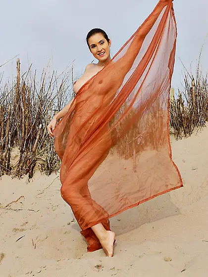 Playful brunette with sexy bush poses on the beach with only pie