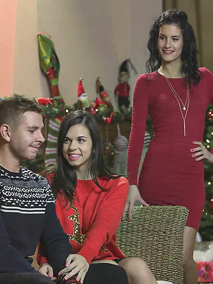 Teen and MILF teaming up to fuck this big-dicked guy on Christma