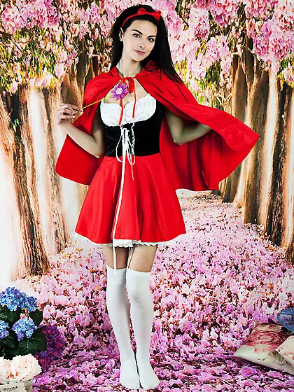 Brunette in the Little Red Riding Hood suit Stefany shows off he