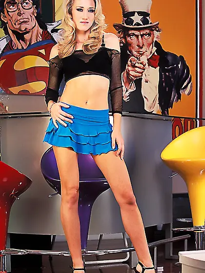 Alana Evans gets rid of her cute black shirt and blue skirt and