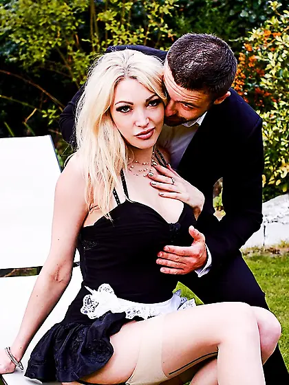 Seductive blonde black dress