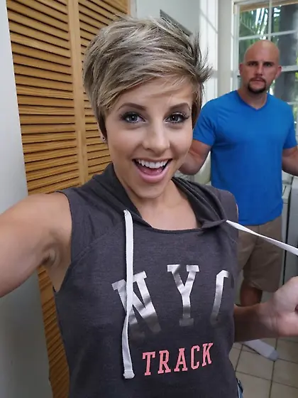 Short-haired teen gets banged next to a washer,  she's reall