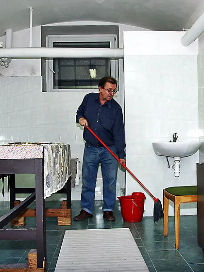 Horny janitor playing gymnast