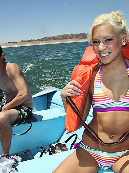 Blue eyed blonde girl Kacey Jordan gets her bald pussy fucked on