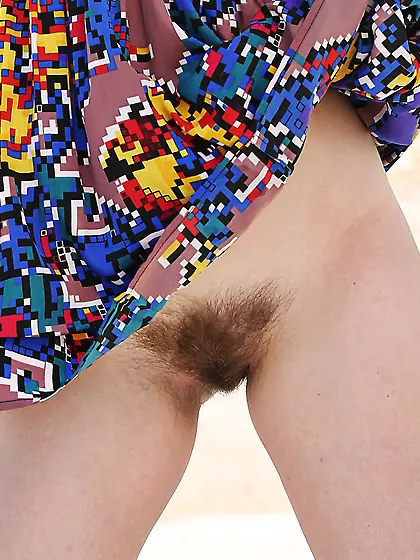 Brunette with tiny breasts and hairy pussy takes off her pixel-y