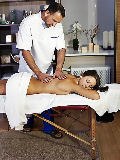 Love on massage table is modest but gets as hot as bitch under t