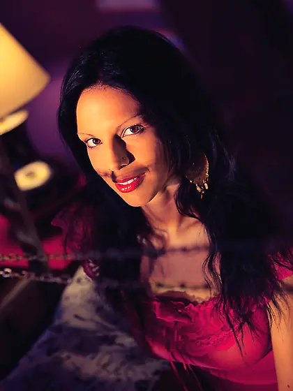 Raven-haired lass red lingerie