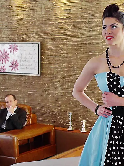 Brunette with a vintage look fucks an old dude with passion