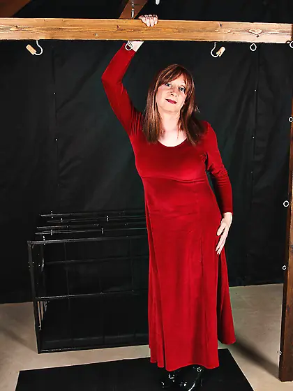 Bounded shemale in red dress