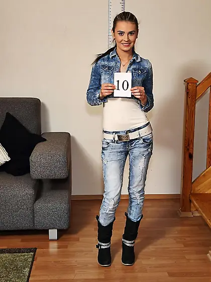 Brunette girl Lucianna Karel is slowly stripping and finally pos