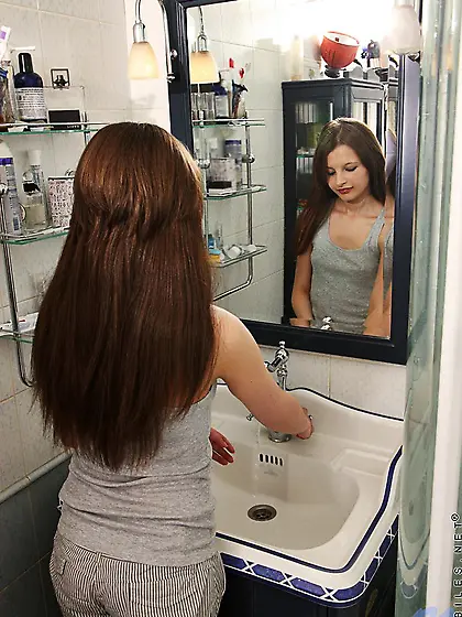 Naughty games in the bathroom where lovely Juliette D spreads he