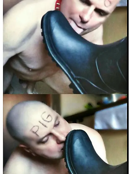 bald slave worships the boot mistress