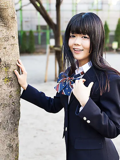 Shy Japanese teen takes off her uniform to demonstrate her kitty