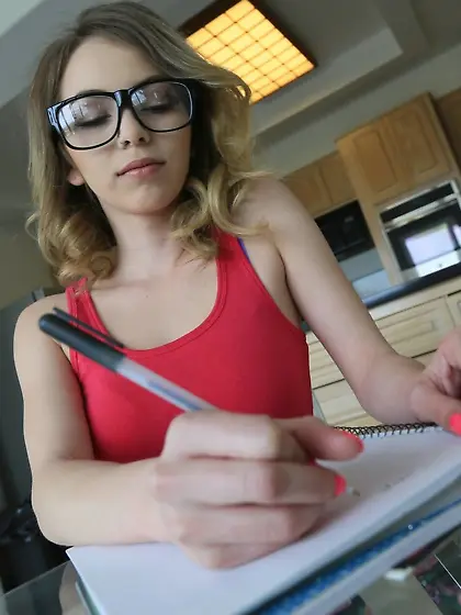 Glasses-wearing pantyhose-clad blonde teen enjoying hardcore sex