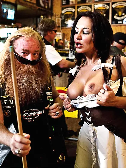 Sexy dressed blonde waitress Angelina Ash in white stockings get