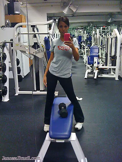 Attractive teen cuttie Janessa Brazil strips in the gym and teas