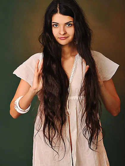 Nothing but the luxurious long hair is hiding Connie???s nudity