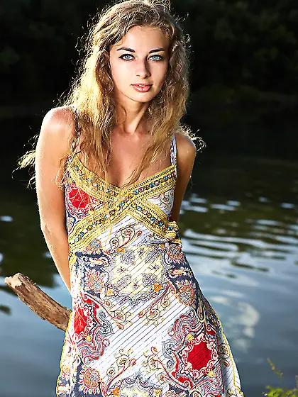 Slender handsome blonde Paula B poses outdoor nude,  without her