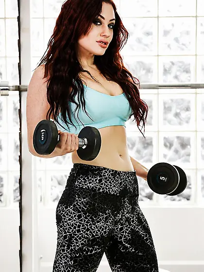 Delicious redhead blue top