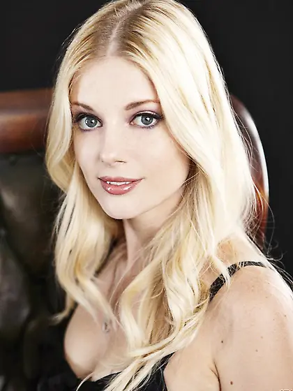 Blonde girl Charlotte Stokely losing off black lingerie and pose