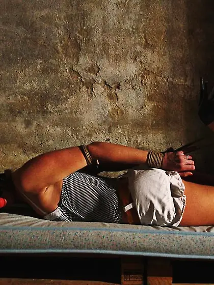 Tanned blonde gets hogtied in forgotten farm