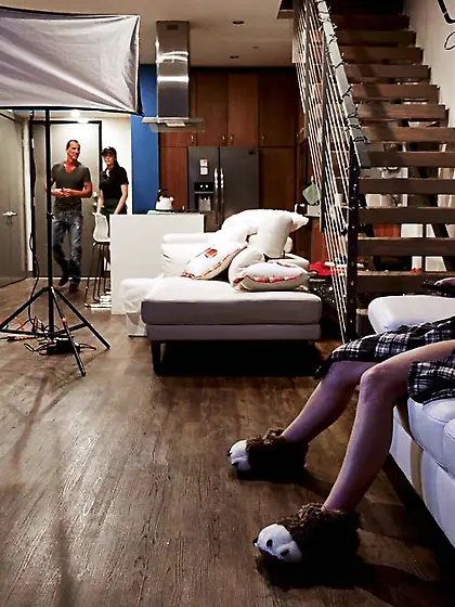 Long-haired brunette model enjoys