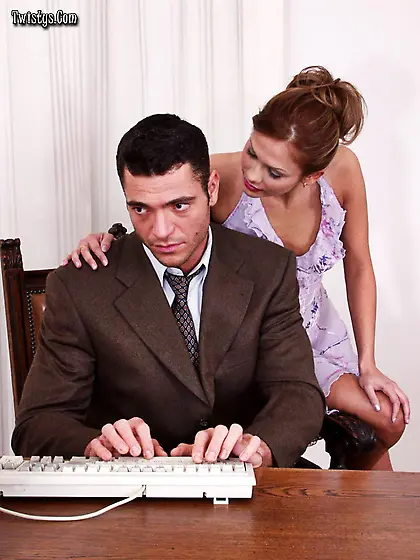 Slutty redhead office babe Brandy gets her pussy rammed by hands