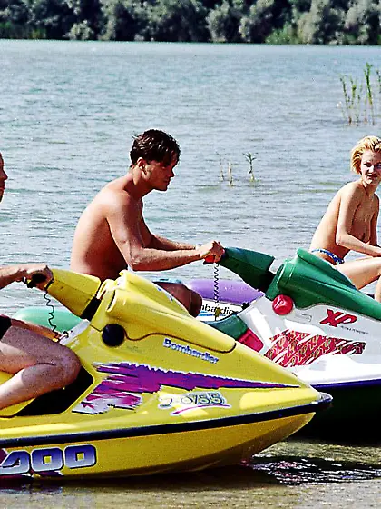 Blonde Grety takes massive cumshots after sex with three guys in