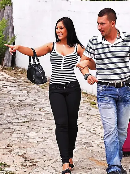 Buxom brunette and her lover starts fucking right after cross th