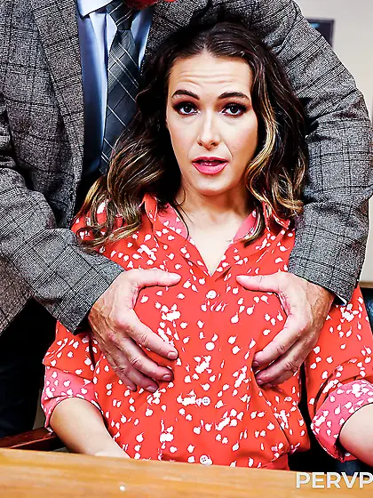 Wavy-haired MILF with huge melons gets fucked in principal's off