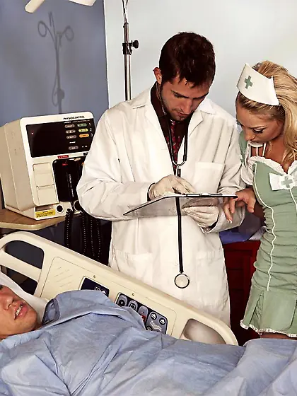 Busty nurse Shawna Lenee in white stockings gets fucked by patie