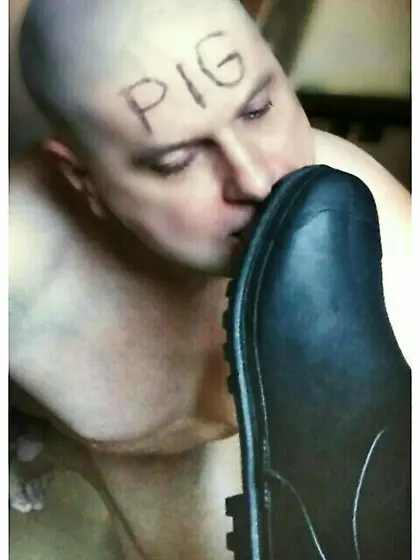 gay slave pig Andrew licks boot soles clean