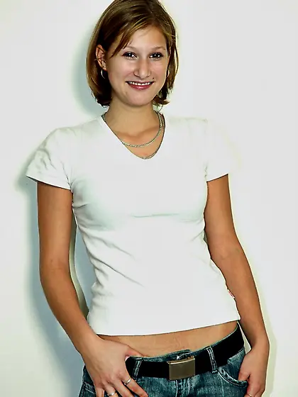 Brunette teen Bambi slowly stripping and participating in the so