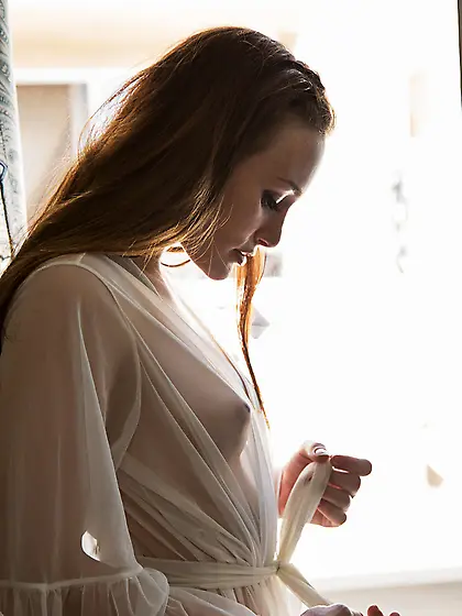 Redhead sheer white nightgown