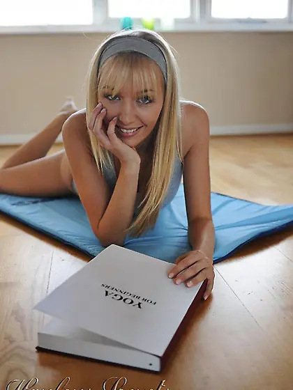 Sexy big titted blonde Hayley-Marie Coppin is doing yoga and fla