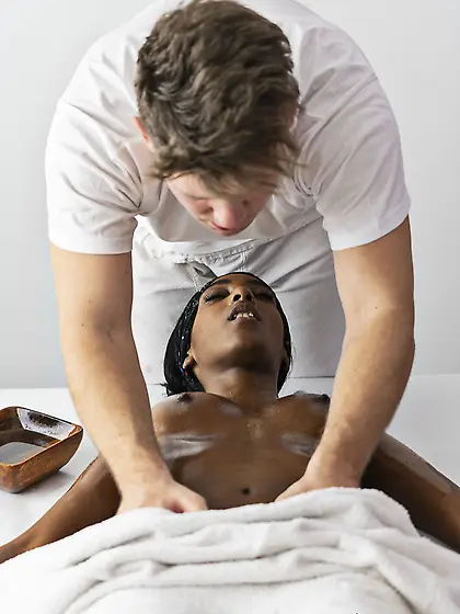 All-natural ebony Asia Rae gets oiled up and nicely fucked by ha