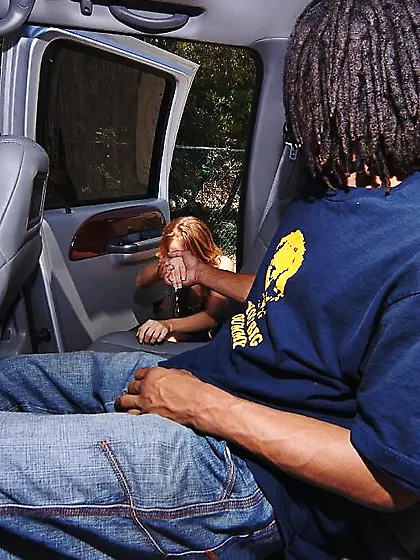 Beautiful white babe kneels in front of a black dude she met in