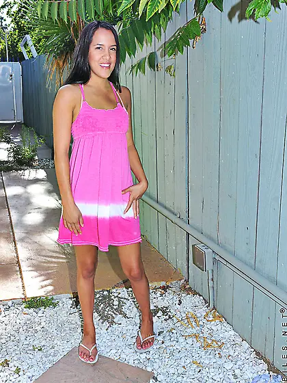 Hot brunette chick Kim Capri strips her pink panties and shows h